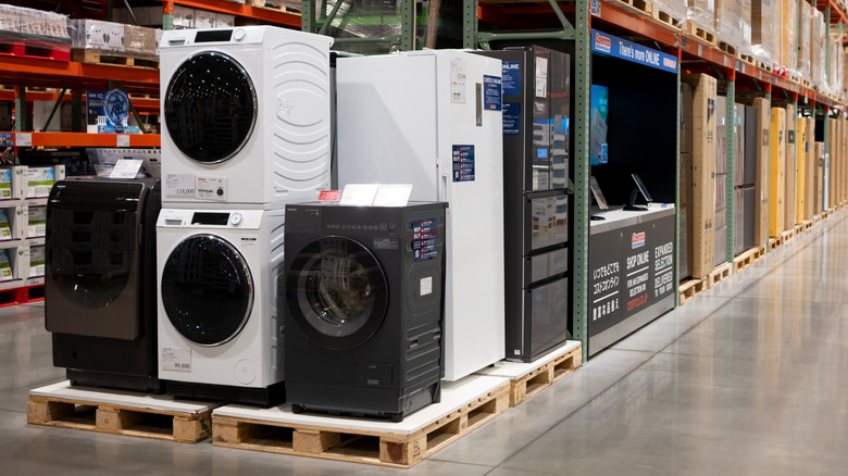 A line of Costco kitchen appliances at the warehouse store