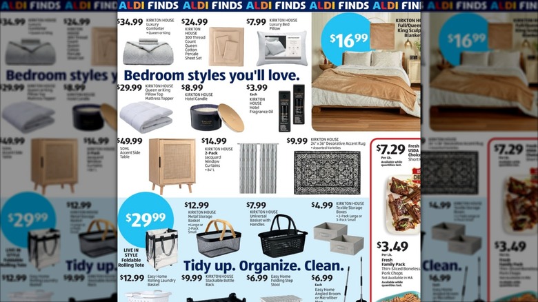 A newspaper page of Aldi Finds with various household items.