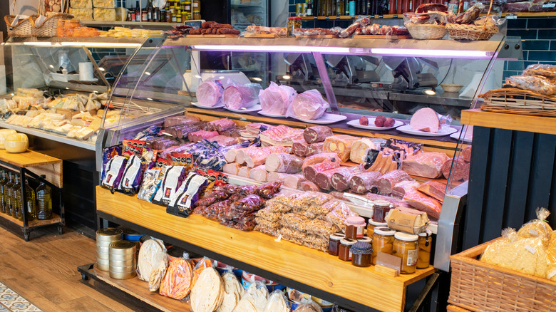 Deli counter with meat at grocery store