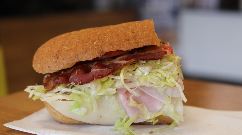 Jersey Mikes sandwich with bacon and Mikes Way ingredients