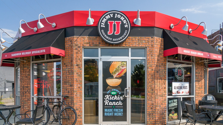 Jimmy Johns sandwich shop exterior with blue sky behind it