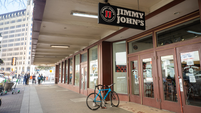 Jimmy John's exterior with a bike