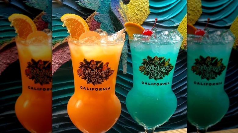Two colorful cocktails in Rainforest Cafe glasses