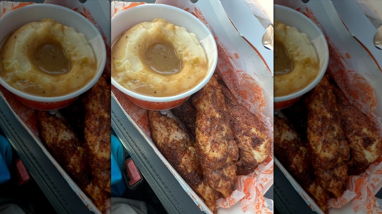 Popeyes blackened chicken tenders with mashed potatoes and gravy