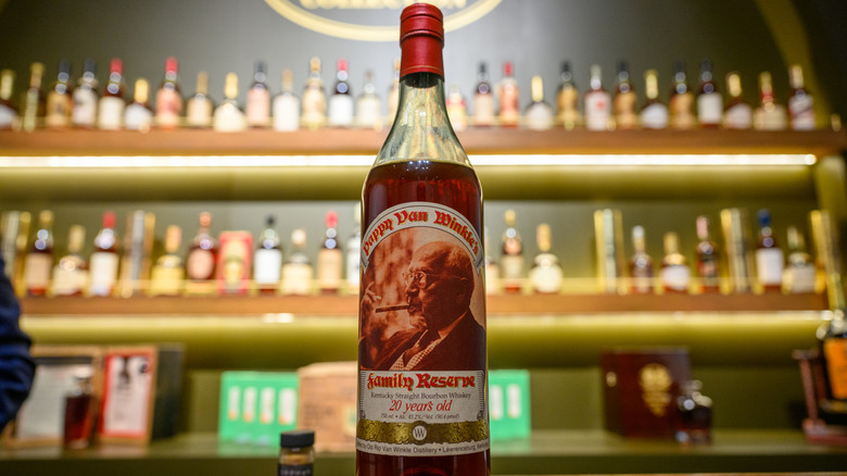 bottle of 20-year Family Reserve Pappy Van Winkle on bar