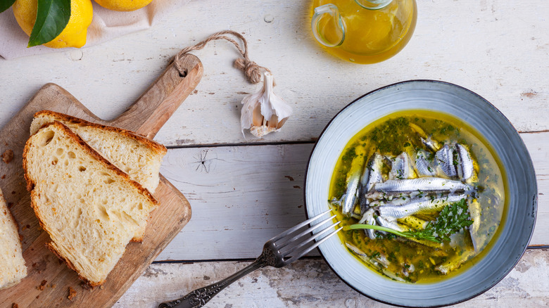 Bread, garlic, and anchovies in olive oil