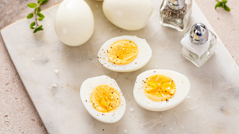 Top-view of halved hard-boiled eggs