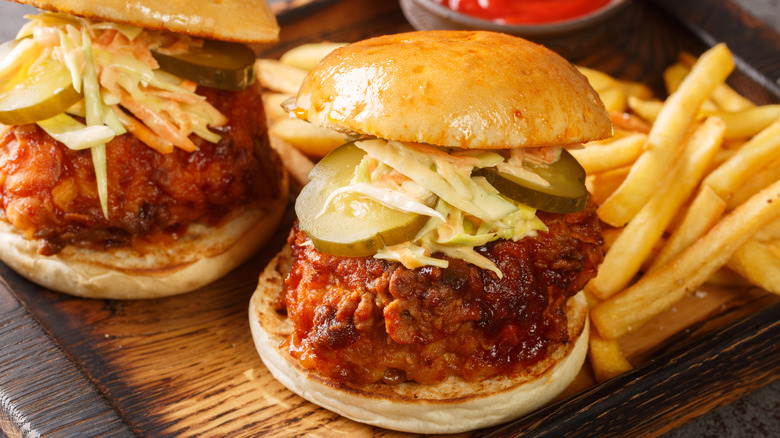 Nashville hot chicken sandwich with fries