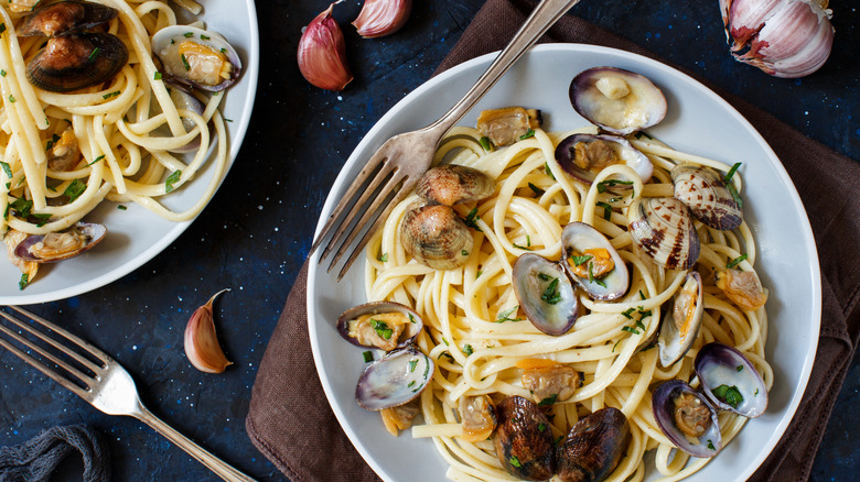 A plate of seafood pasta