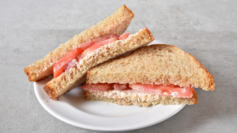Tomato sandwich arranged on a white plate.