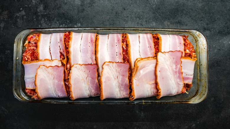 Meatloaf wrapped in bacon strips