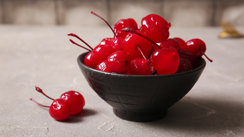 Close up of bowl of maraschino cherries 