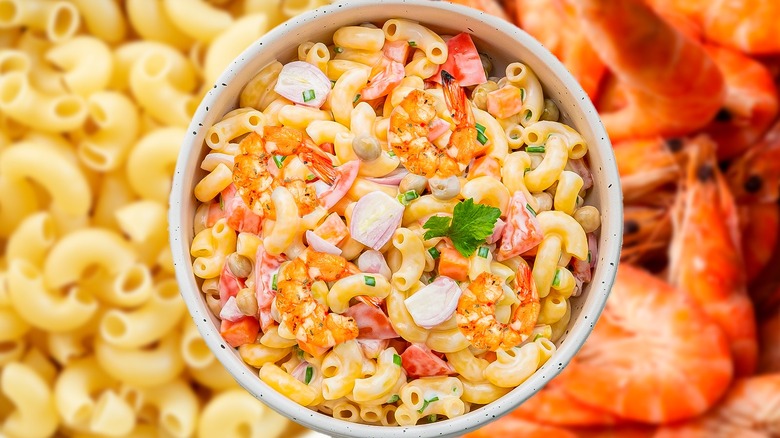 Top-down view of shrimp macaroni salad