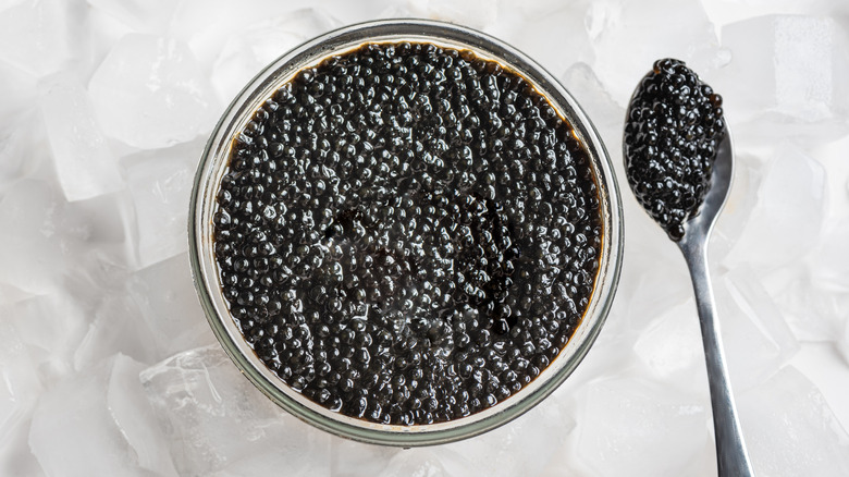 Bowl of Beluga caviar on ice with a spoon