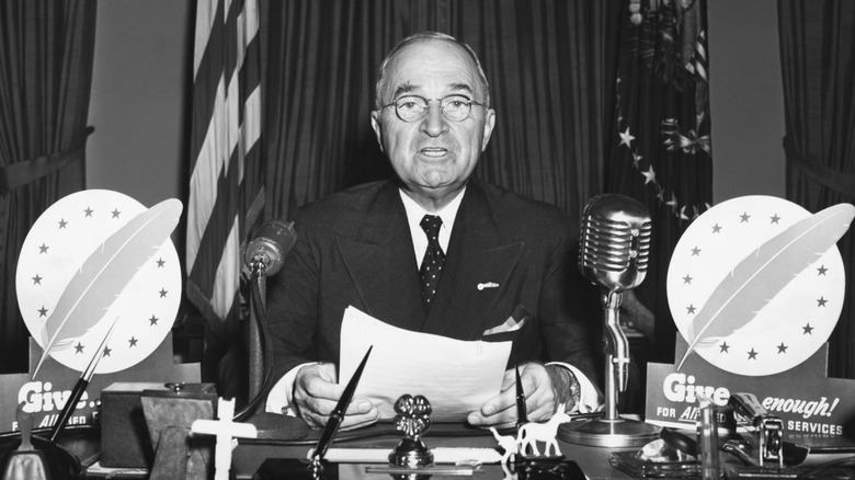 Truman making speech at Resolute Desk
