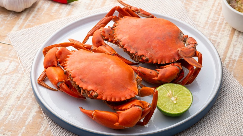 boiled crabs with lime wedge