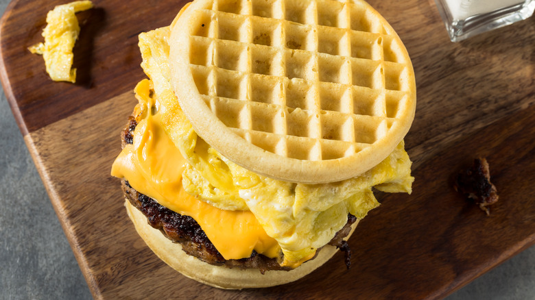 Egg, sausage, and cheese waffle sandwich