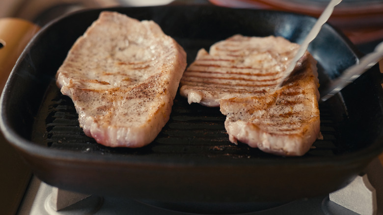 Two pans get a nice sear on one side in a griddle pan