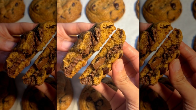 Inside of a brown butter chocolate chip cookie