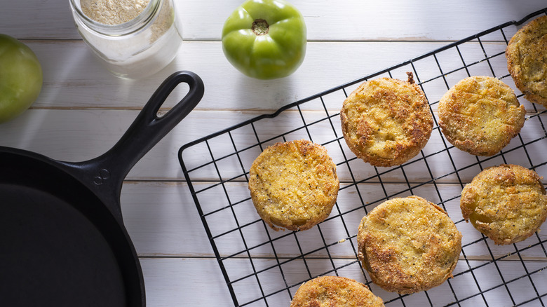 fried green tomatoes on a rack