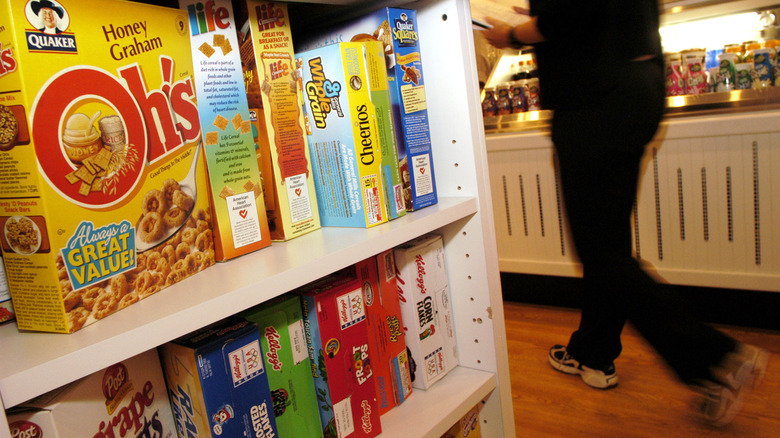 Shelf of breakfast cereals
