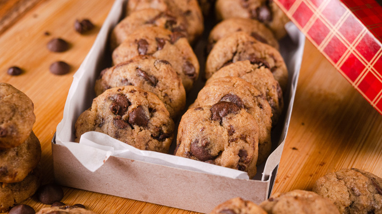 chocolate chip cookies in open box