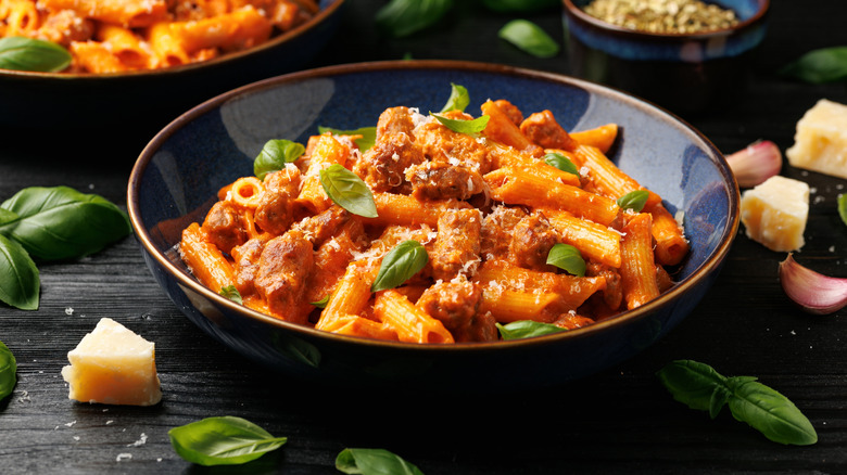A bowl of pasta with sausage and fennel sauce