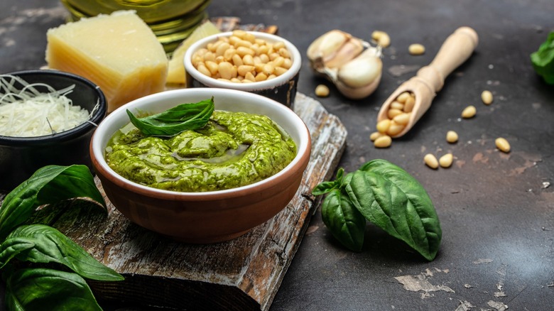 homemade pesto sauce and ingredients
