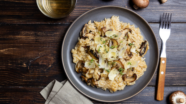 Mushroom risotto on gray plate