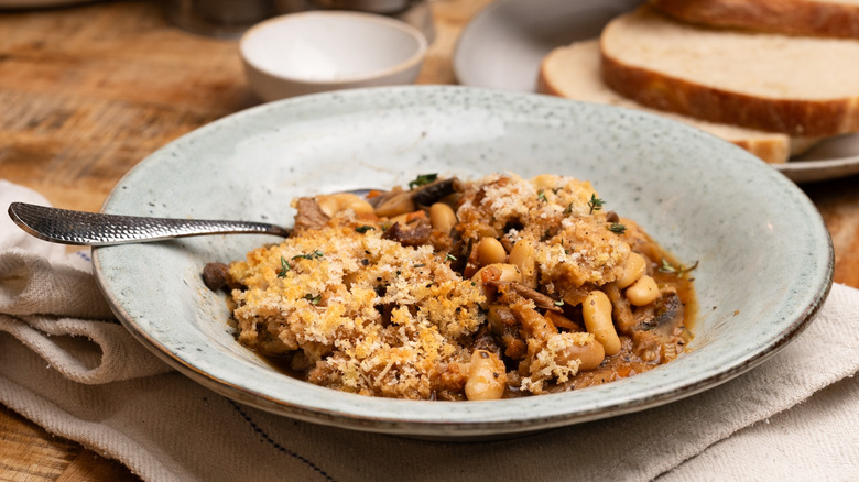 mixed mushroom cassoulet in serving bowl