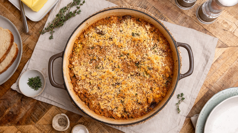 mixed mushroom cassoulet in large pan