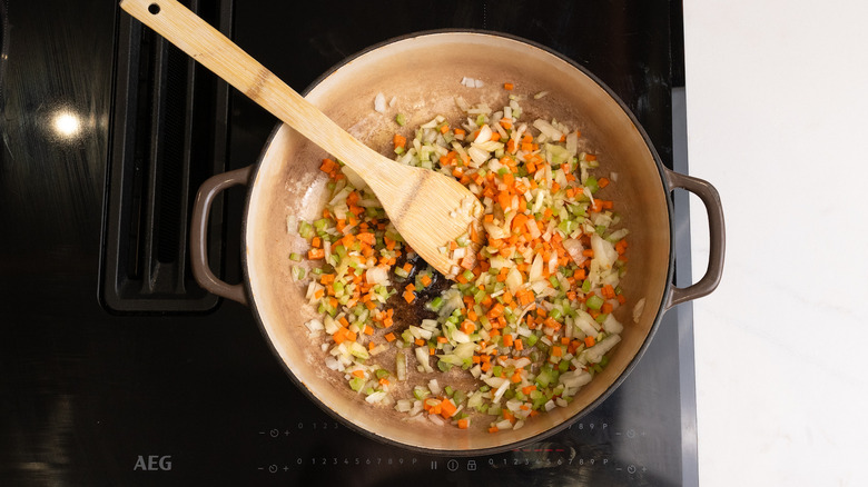 sauteing mirepoix in pan