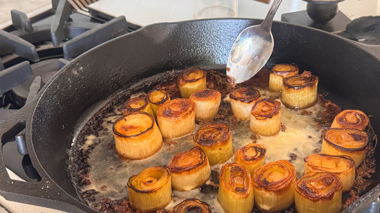 buttery leeks in pan
