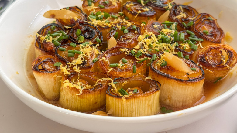 melting leeks served in white bowl