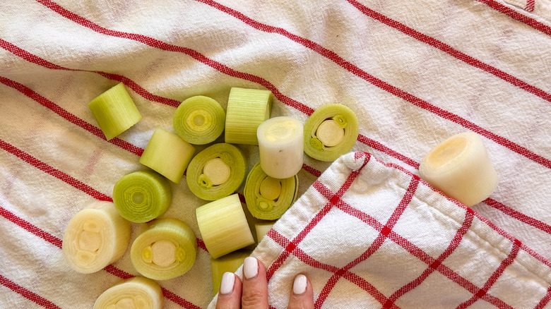 leeks in a dish towel