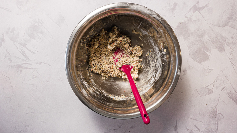 Cookie batter in bowl with spatula