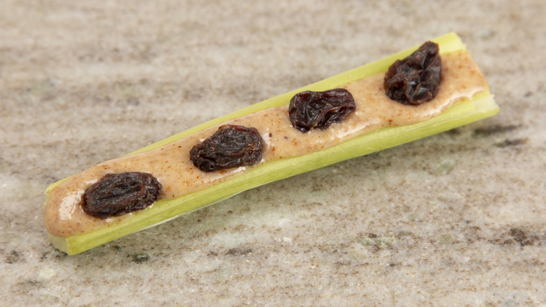 Close-up of ants on a log (celery with peanut butter and raisins) on a table