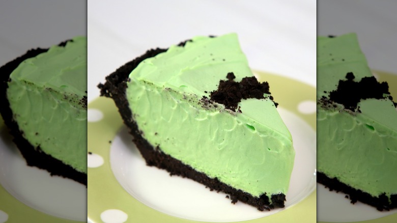 Close-up of a slice of grasshopper pie on a plate