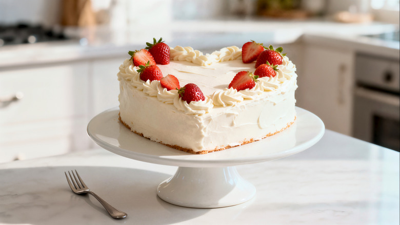 Heart-shaped cake with vanilla buttercream and fresh strawberries, placed on a low, white cake stand.