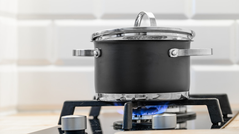 a stainless steel pot on a gas stovetop