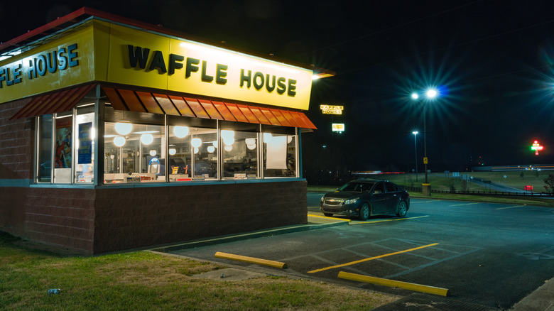 Spooky-looking photo of a Waffle House exterior at night