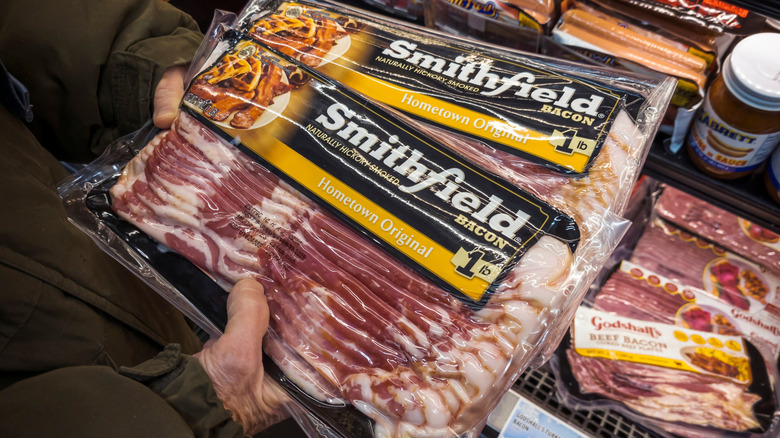Package of Smithfield brand bacon in a grocery store