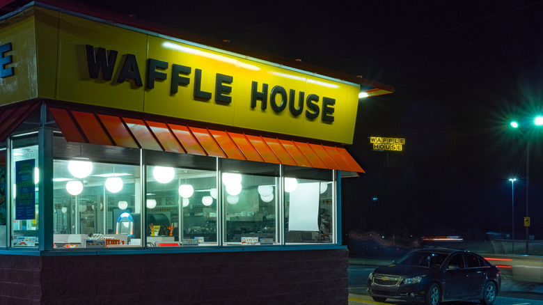 Waffle House restaurant lit up at night