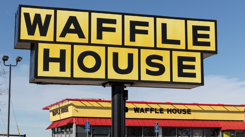 Waffle House sign in front of restaurant