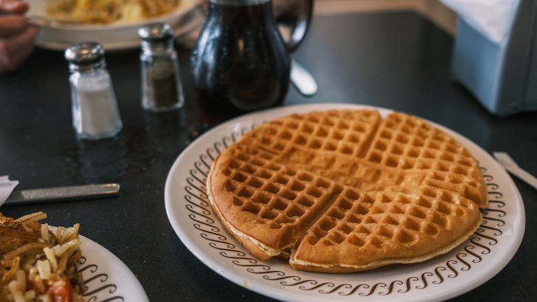 selection of waffle house meals and coffee