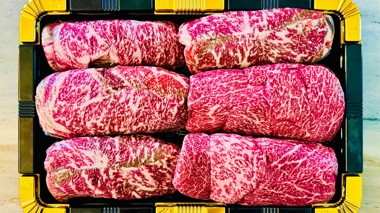 Six peices of Korean Hanwoo beef.