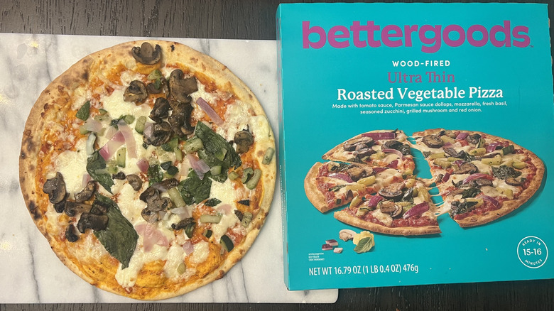 Bettergoods Wood-Fired Ultra Thin Roasted Vegetable Pizza on a serving platter.
