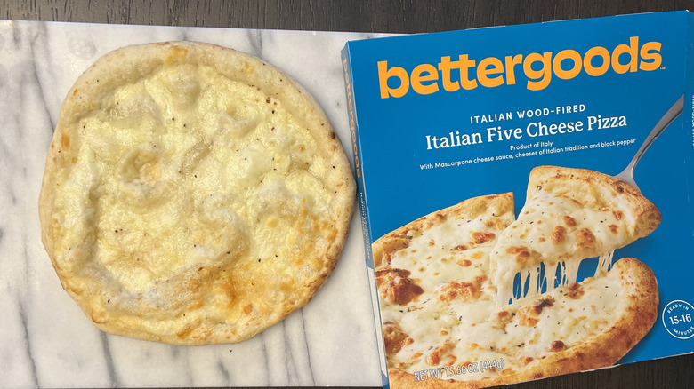 Bettergoods Italian Wood-Fired Five Cheese Pizza on a serving platter.