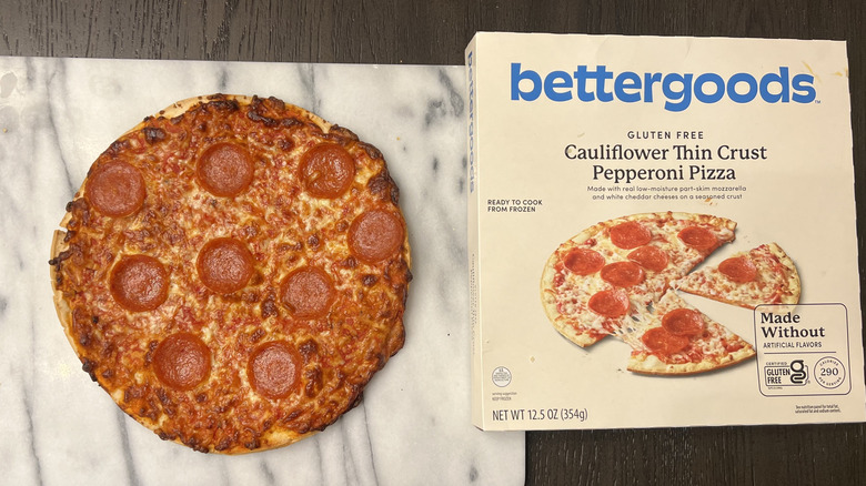 Bettergoods Gluten-Free Cauliflower Thin Crust Pepperoni Pizza on serving platter.