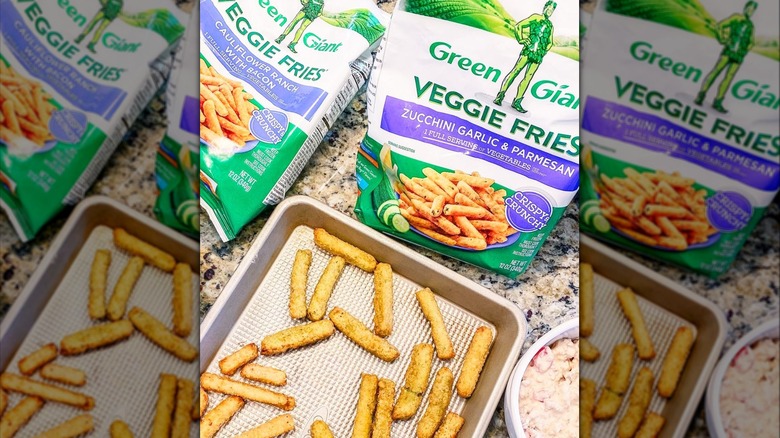 Bag of veggie fries and fries on tray